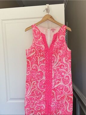 Lilly Pulitzer Neon Pink and White Embroidered Shift Dress